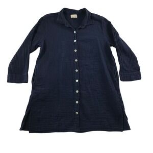 Honest Cotton Navy Blue Double Gauze Button Front Tunic Top One Size Handmade